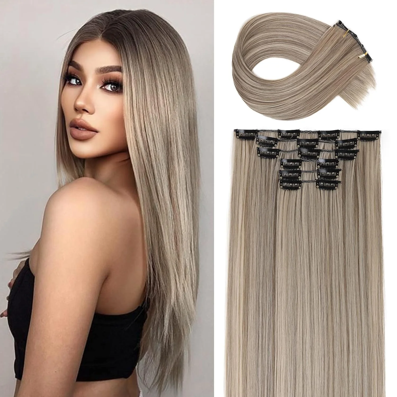 Clip in Long Straight Synthetic Hair Extension 24 Inch/6PCS/145g/Hairpieces Natural Soft Synthetic Fiber Double Weft for Women