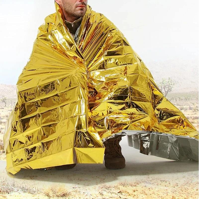 Poncho térmico de emergência cobertor leve dobrável resistente à água à prova de vento guarda-sol