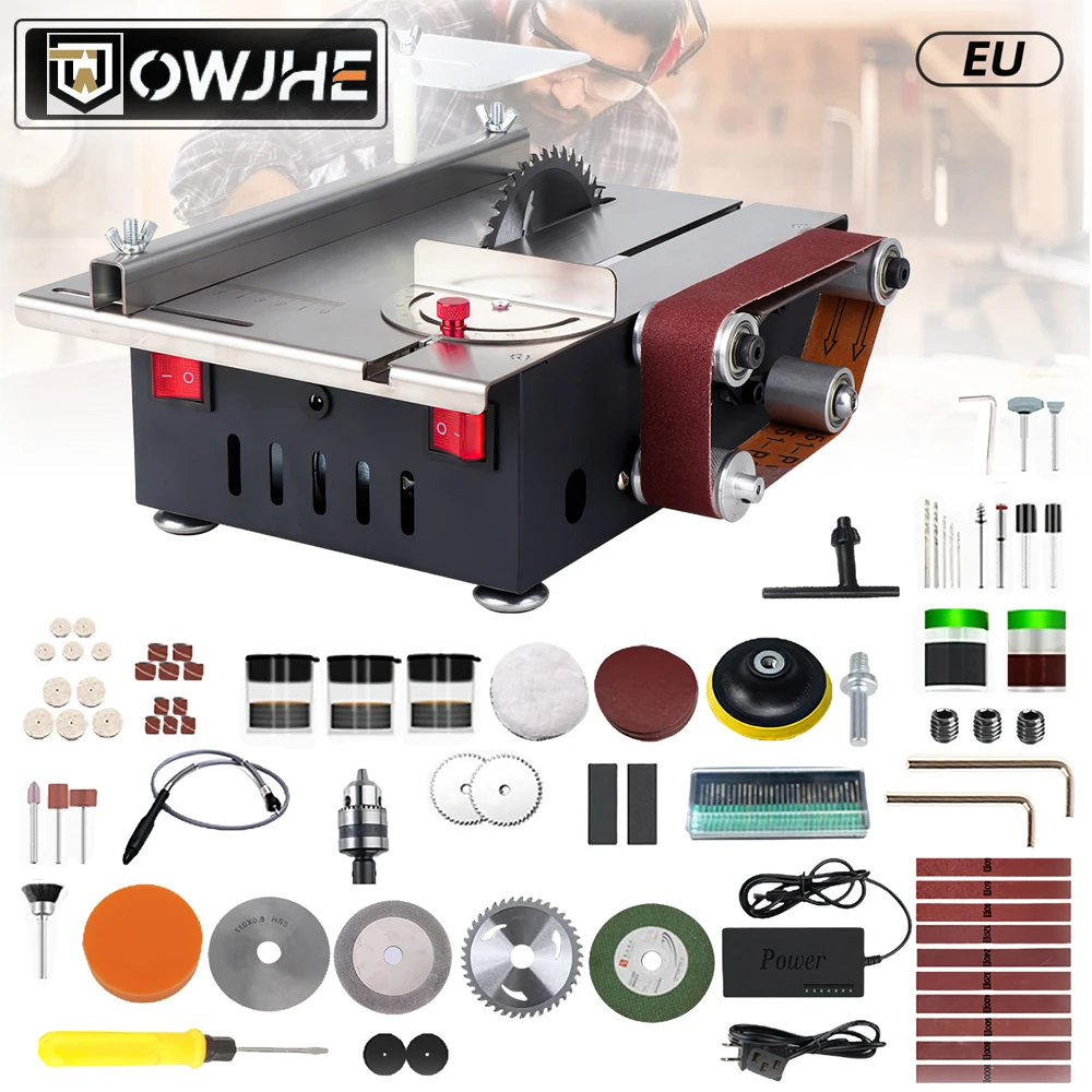 Sega circolare da tavolo e levigatrice a nastro OWJHE |   Mini sega da banco multifunzione 2 in 1 con 4 lame per sega, 10 nastri abrasivi |   Velocità a 7 marce