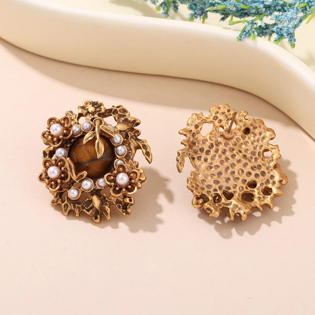 Vintage Bronze Flower Stud Earrings with Natural Tiger Eye / Lapis Lazuli & Pearl Accents - Elegant Women's Jewelry