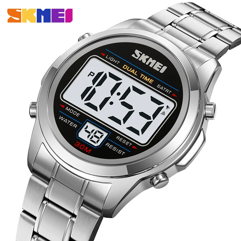 SKMEI-reloj deportivo electrónico de acero inoxidable para hombre, cronógrafo de pulsera Digital resistente al agua con alarma, fecha y semana,