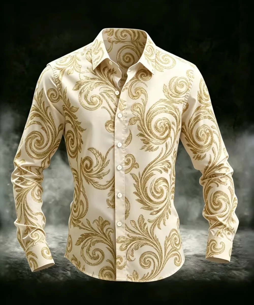 men's luxury baroque gold pattern long-sleeved shirt fashionable retro print comfortable non-iron large size top