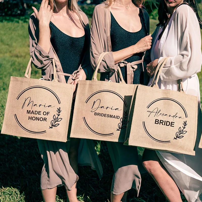 Personalized Burlap Tote Bag Bridesmaid Gift Custom Name Bachelorette Party Beach Jute Bag Wedding Favors Bridal Shower Proposal