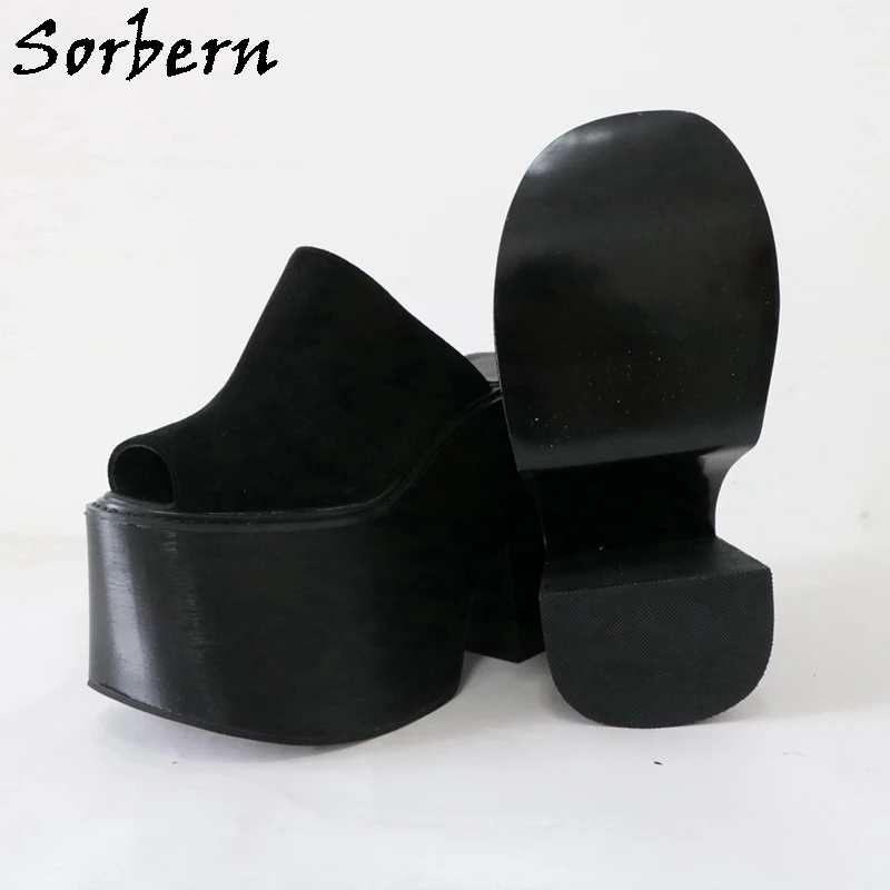 

Sorbern Black Wide Sole Slippers Unisex Open Toe Thick Platform Flared Heel Shoes Unisex Style Heavy Heeled Slides Customized