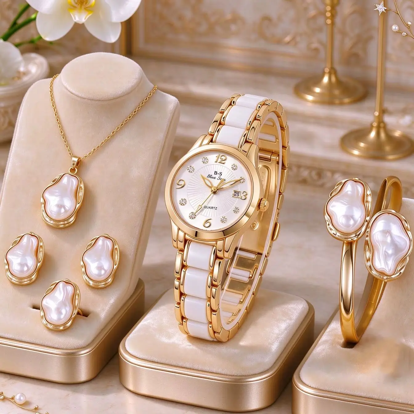 6-Piece Set of Luxurious and Simple Women's Quartz Watches, Bracelets, Rings, Earrings, and Necklaces, with Irregular Dial, Ideal Gift for Friends and Family