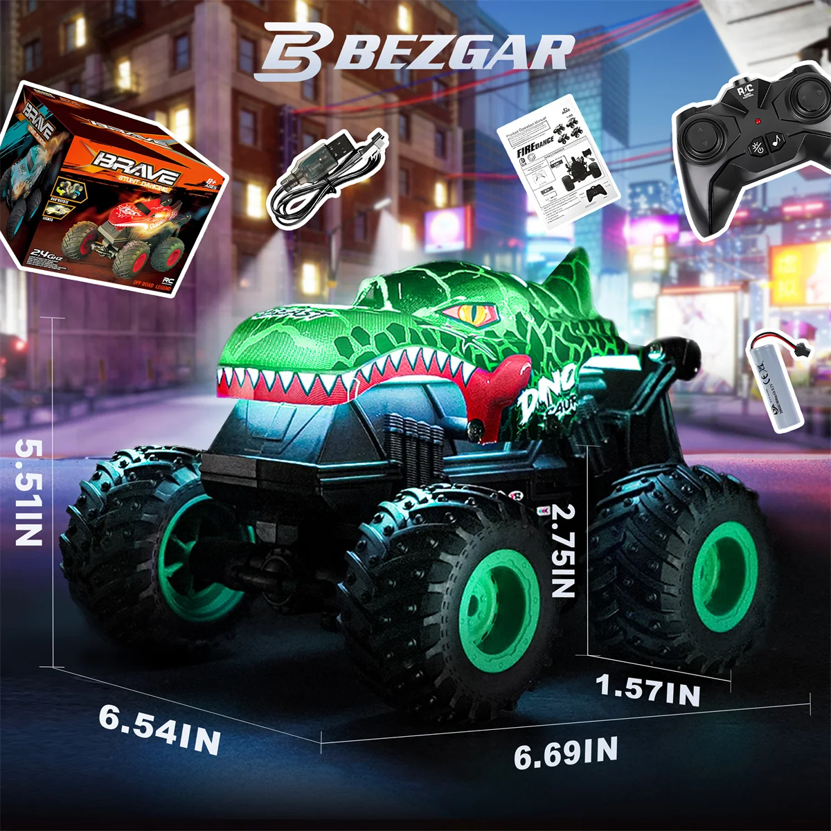 Monster Truck Toys - zdalnie sterowana Monster Truck ze światłem i muzyką, zabawki dinozaurów dla dzieci, zdalnie sterowana ciężarówka w skali 1:20 z 360° °   Spin