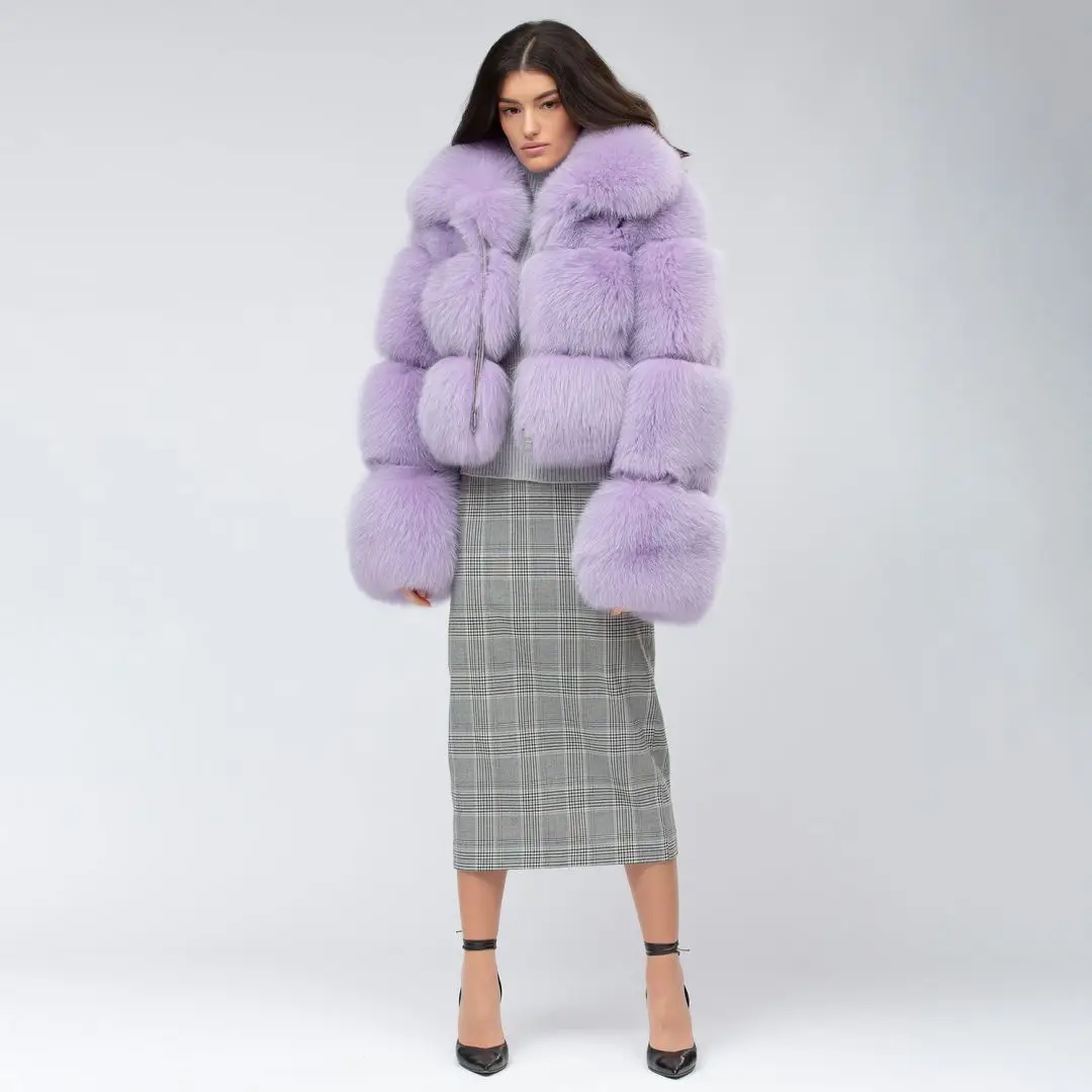 

Short Light Purple Natural Fox Fur Jacket with Big Turn-down Collar Winter Fashion Thick Real Fox Fur Coats Full Pelt Fur Outfit