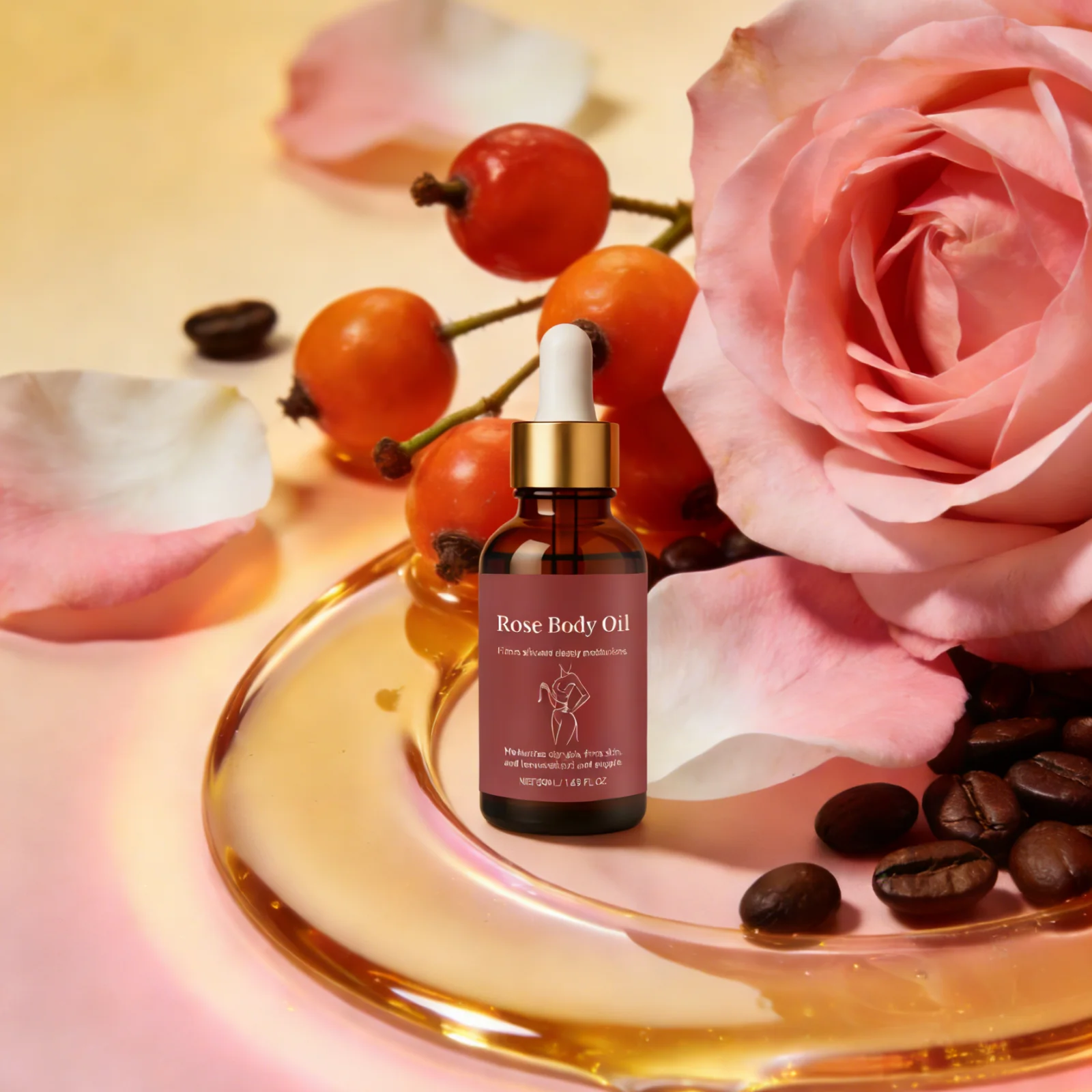 Rose Body Oil Moisturizing Skin Lifting Soft Smooth Deep Hydration Improve Dryness Coffee Seeds Tightening Body Massage Oil 50ml