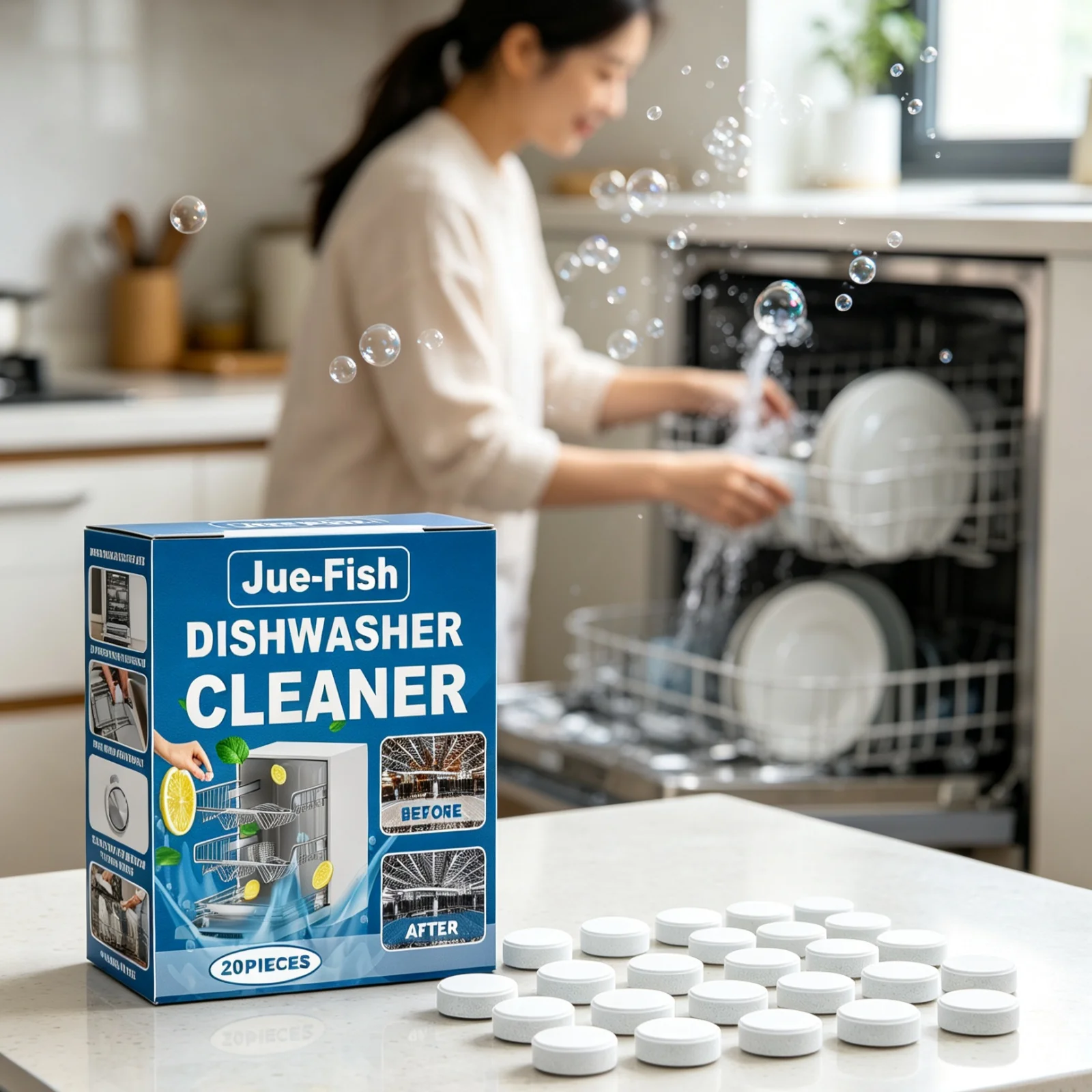 Jue-Fish Dishwasher Cleaning Tablets Fast Penetration Deep Stain Removal Eliminate Residual Odor Dishwasher Sanitizing Tablets