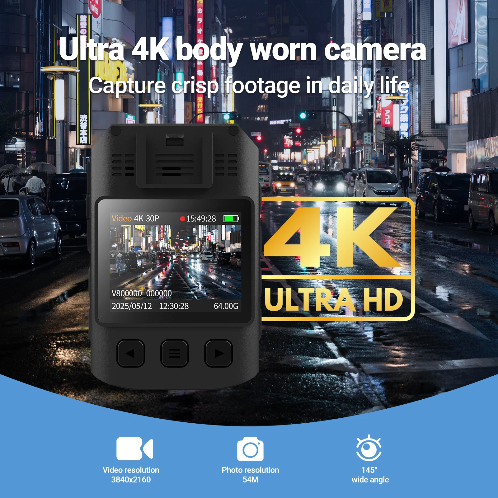 Câmera corporal vestível de 4kw com lente grande angular de 54mp, visão noturna, detecção de movimento e gps wi-fi para gravação de vídeo pessoal ao ar livre