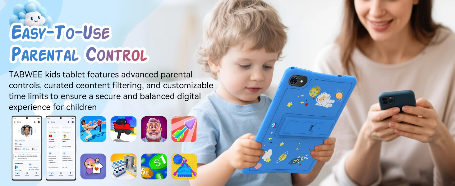 KINGRID K10 Kids Tablet 10'' Android 15 4GB RAM+8GB Expandable 64GB ROM 5G WiFi Widevine L1 5000mAh Kids Tablet PC Tablet Android Parental Control