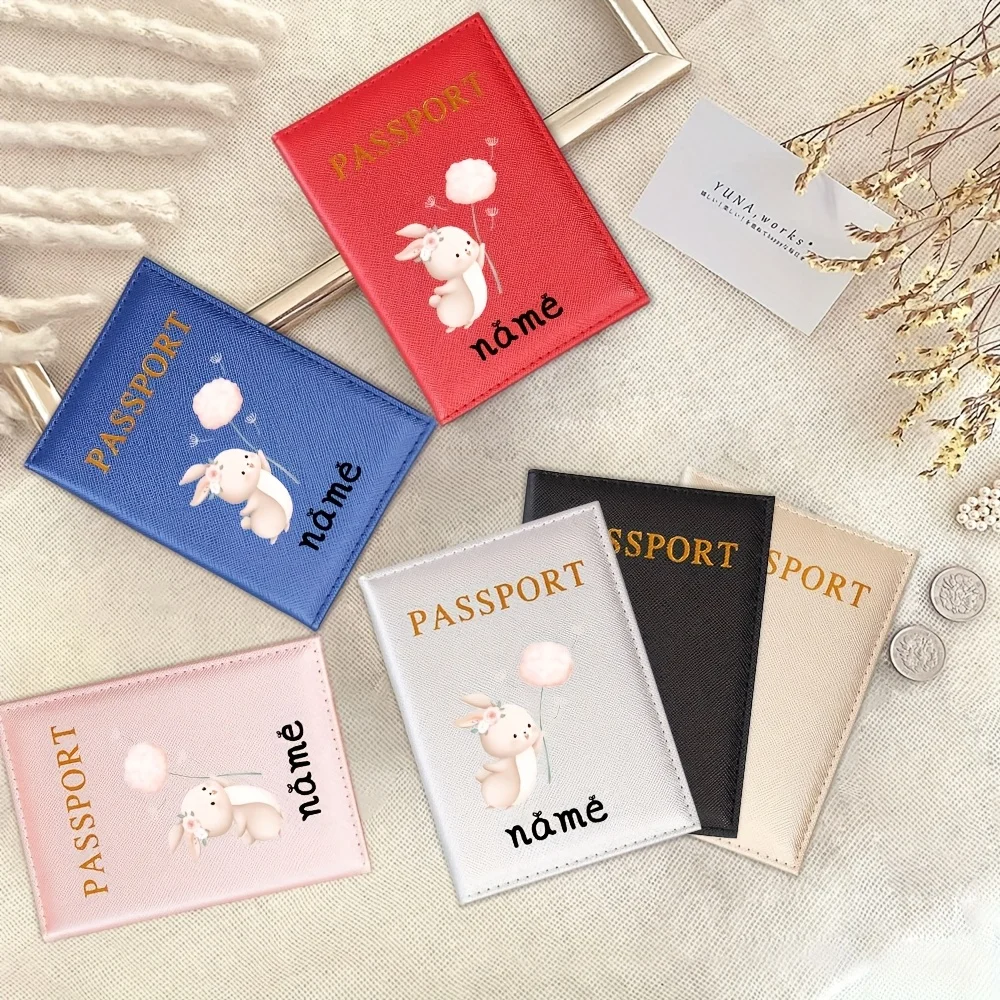

Cute White Rabbit Custom Name Passport Holder, Ultra Thin Polyester Lining Travel Wallet for ID Card Storage