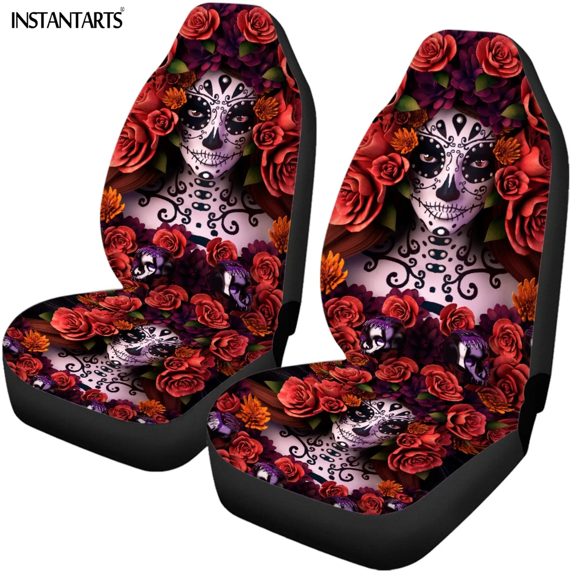 INSTANTARTS Auto Front and Back Seat Covers Rose Gothic Girl Prints Personality Comfortable Non-slip Protective Pad for Most Car