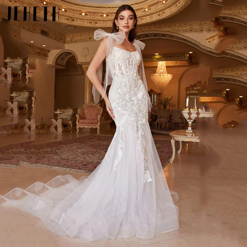 

JEHETH Lace Scoop Neck Wedding Dresses Women Bow Spaghetti Straps Sleeveless Bridal Gowns Tulle Mermaid Backless Robes De Mariée