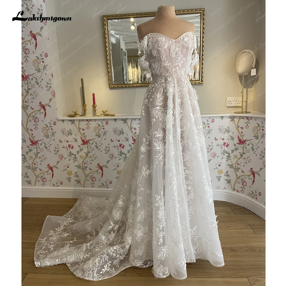 

Lakshmigown Off Shoulder A Line Wedding Dresses For Women Lace Floral Bridal Gown Backless Summer Boho Robe De Mariee