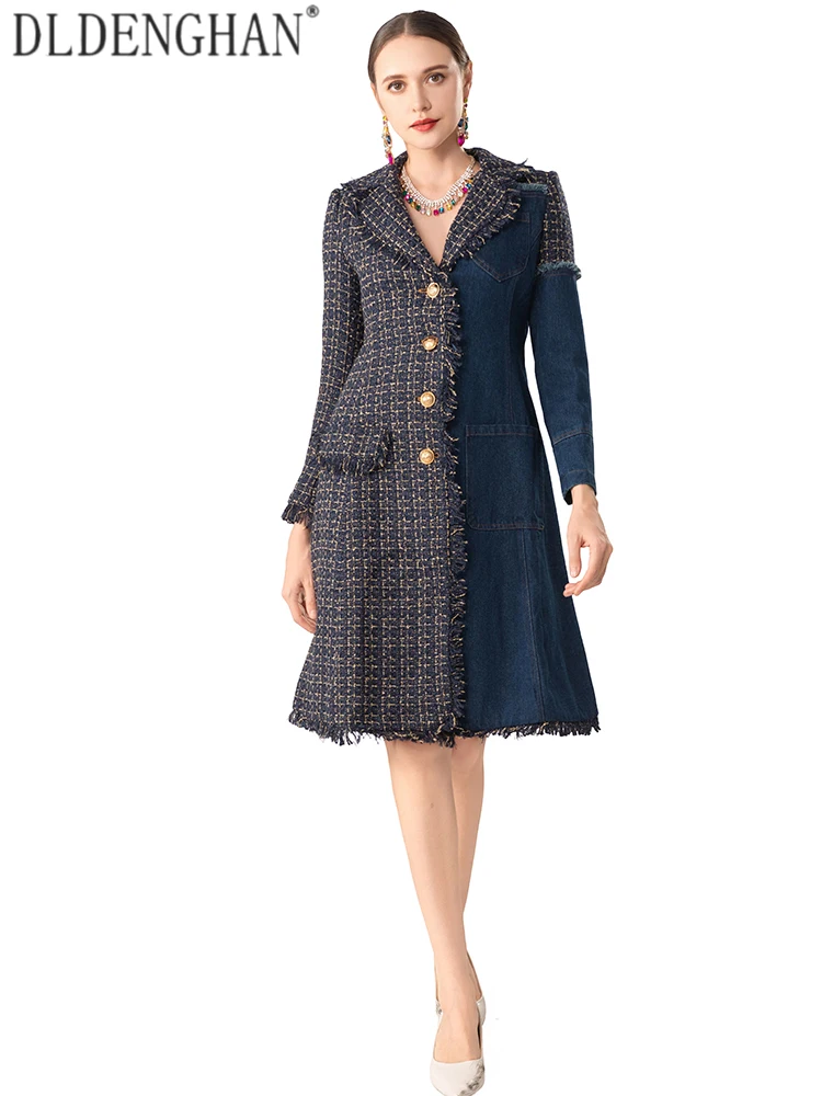 DLDENGHAN Women Lapel Long-sleeved Single Breasted Pockets Splice Design Autumnal Winter New model High Street Fashion Coat