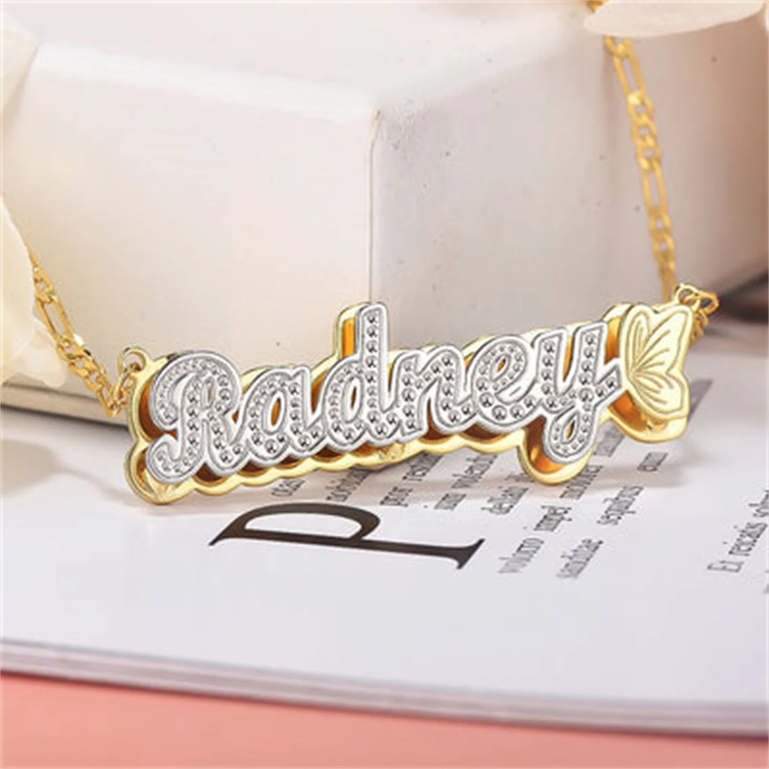 Custom Butterfly Name Necklace Double Plate Two-tone Personalized Gold Plated Nameplate Pendant Stainless Steel Jewelry ForWomen