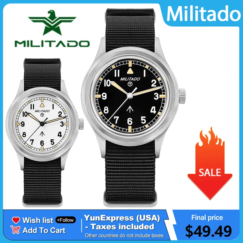 

Кварцевые часы Militado ML22 с механизмом Miyota 2035, стеклом K1, светящимся покрытием BGW9 C3, водонепроницаемостью 100 м, 36 мм, винтажные мужские часы