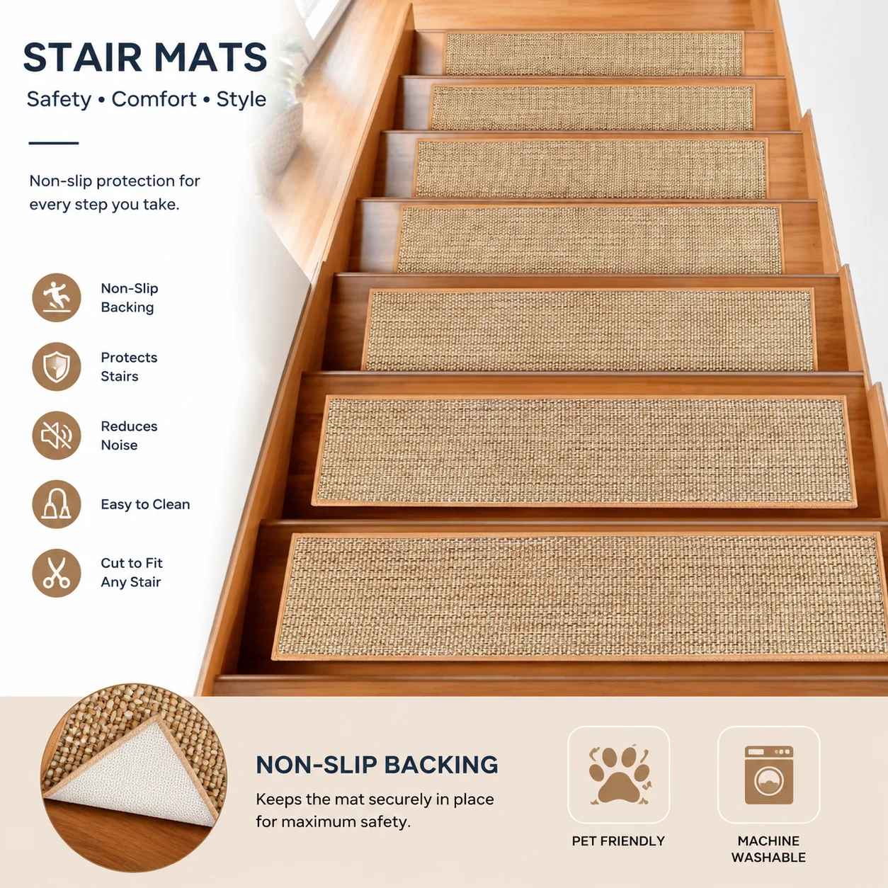 Japanese Linen Stair Treads, Self-Adhesive Non-Slip Safety Mats for Wooden Floors, Anti-Skid Step Carpet, Home Indoor Stair Prot