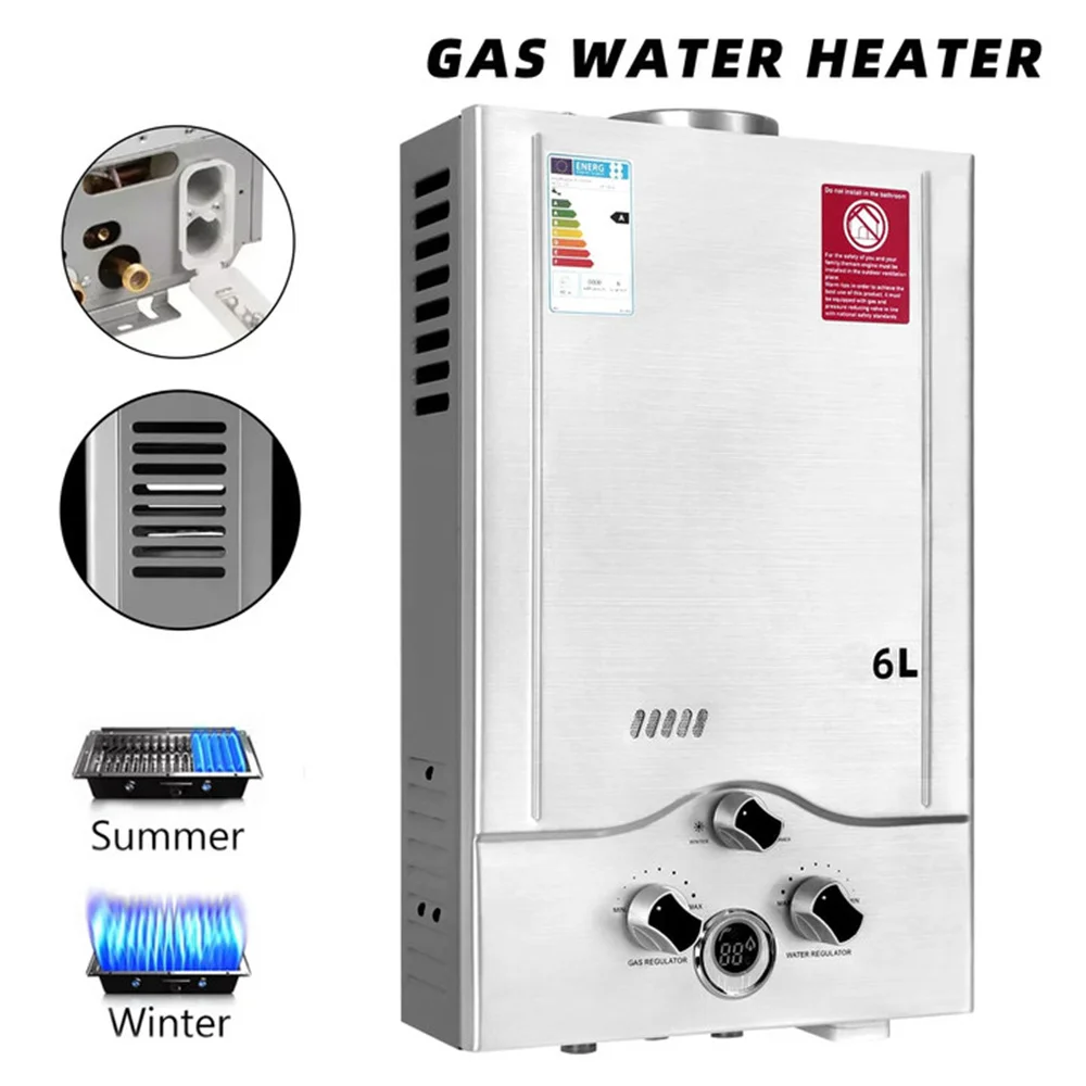 Aquecedor de Água a Gás GLP, Gás Propano Sem Tanque, Aço Estável, Bebida com Kit Show, Home Camping Appliance, 6L, 8L