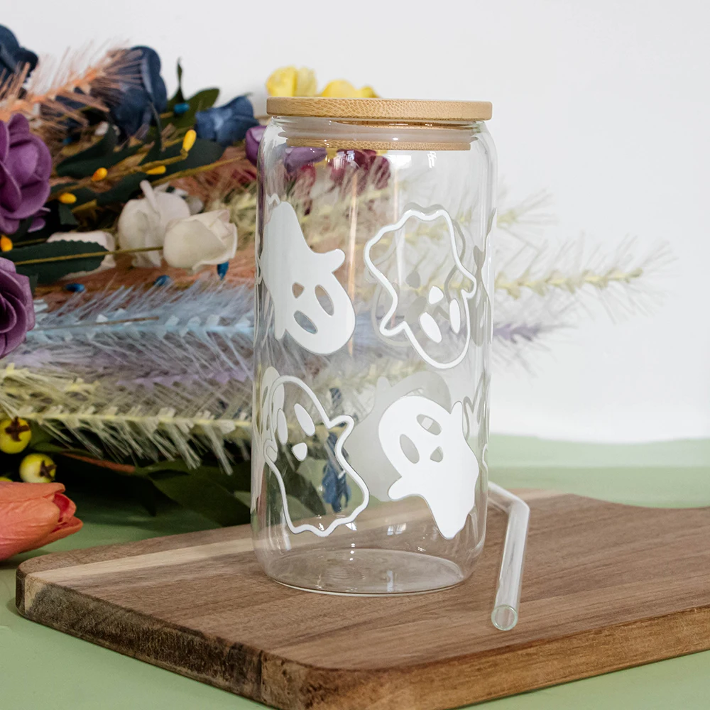 Mugs Halloween Ghost Decoration Spooky Ghost Glass Cup with Lid Straw Tumbler Iced Coffee Glassware Birthday Gift Kitchen Stuff view 5