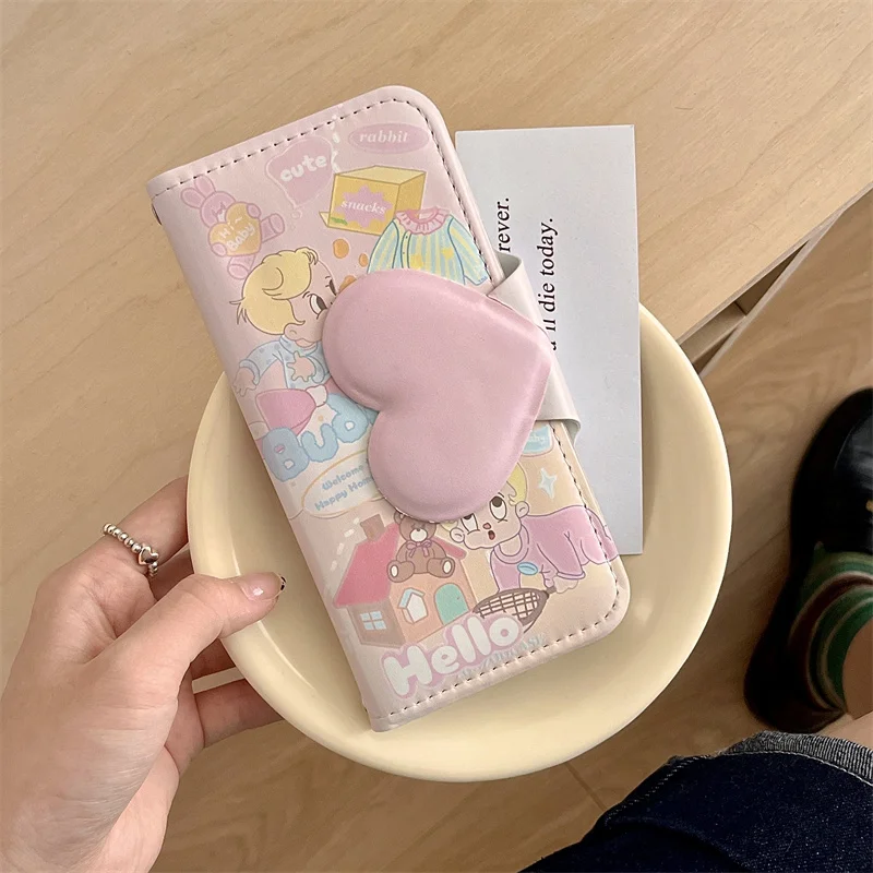 Cute Cartoon Bear Love Leather Magnetic Phone Case Cute Love Case for iPhone 16Pro Max 14 13 15Pro Max KawaiI