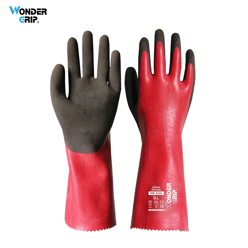 Wonder Grip 1 Pair Chemical Resistant Safety Work Gloves Full Triple Latex Coating 18 Gauge Nylon & Spandex Lining 33cm Long