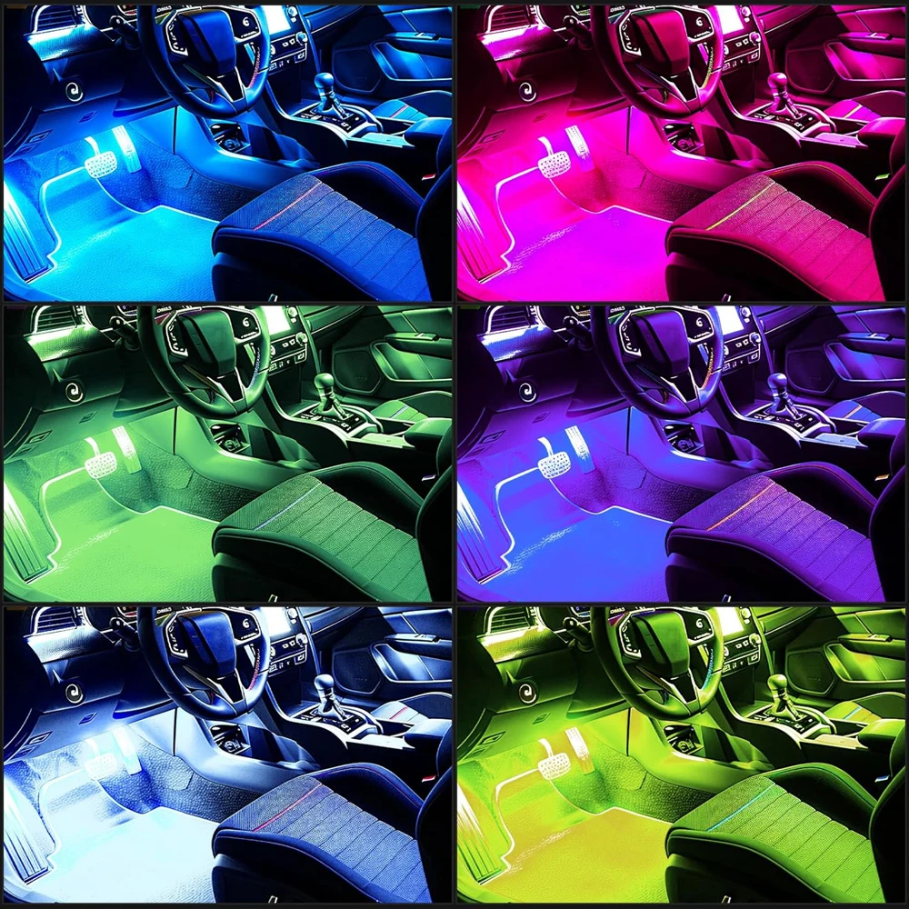 4PCS 72 LED RGB Car Interior Atmosphere Light Strips, USB Ambient Floor Lighting Kit with Bluetooth Phone APP Control, Music Sync Color Changing Neon Lights for Car, Truck & SUV Interior