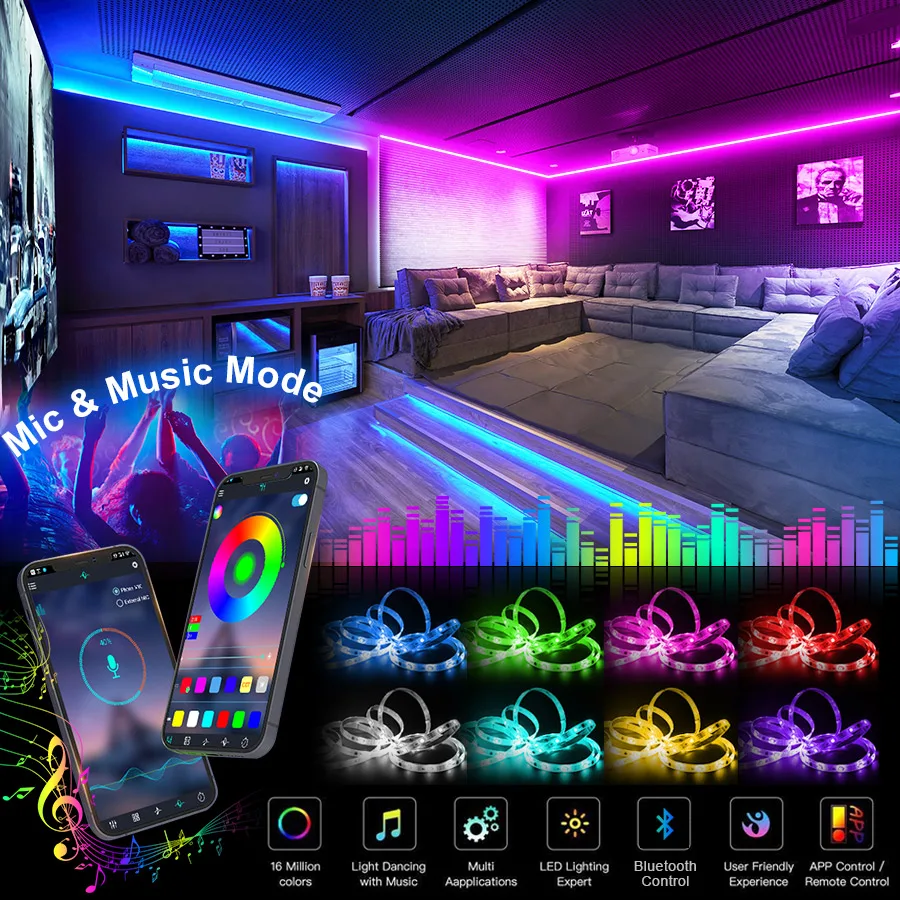 Bande lumineuse LED USB, WiFi, RVB 5050, Alexa, Bluetooth, Luces, diode flexible, décoration de lampe de salon, ruban