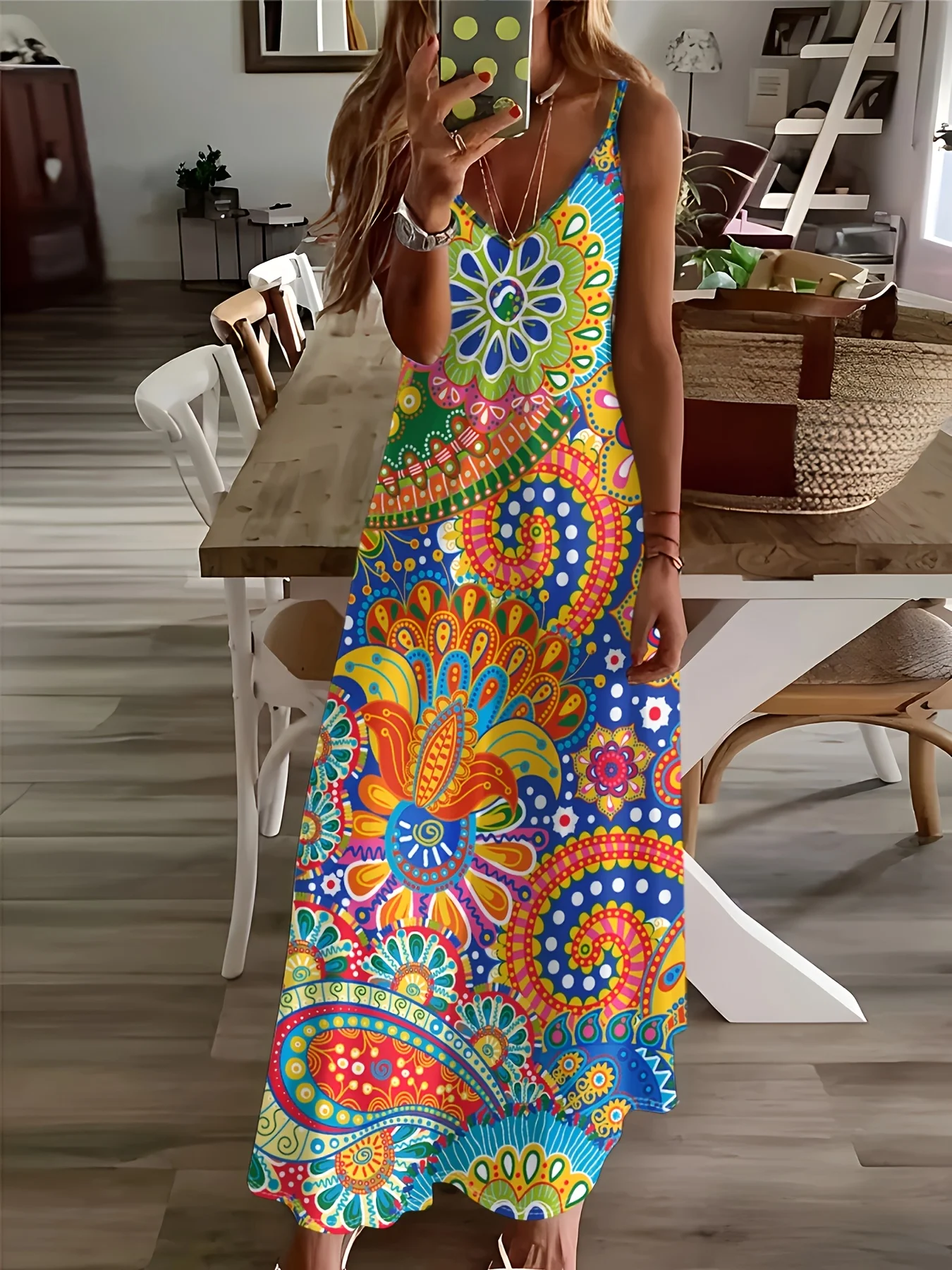 

Printed Design Colorful Floral Mandala Pattern Print Four Seasons elegant style casual style sling dress