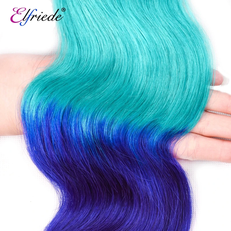 Elfriede # T1B/fasci di capelli umani dell'onda del corpo azzurro/blu con chiusura capelli Remy tesse 3 fasci colorati con chiusura in pizzo 4x4