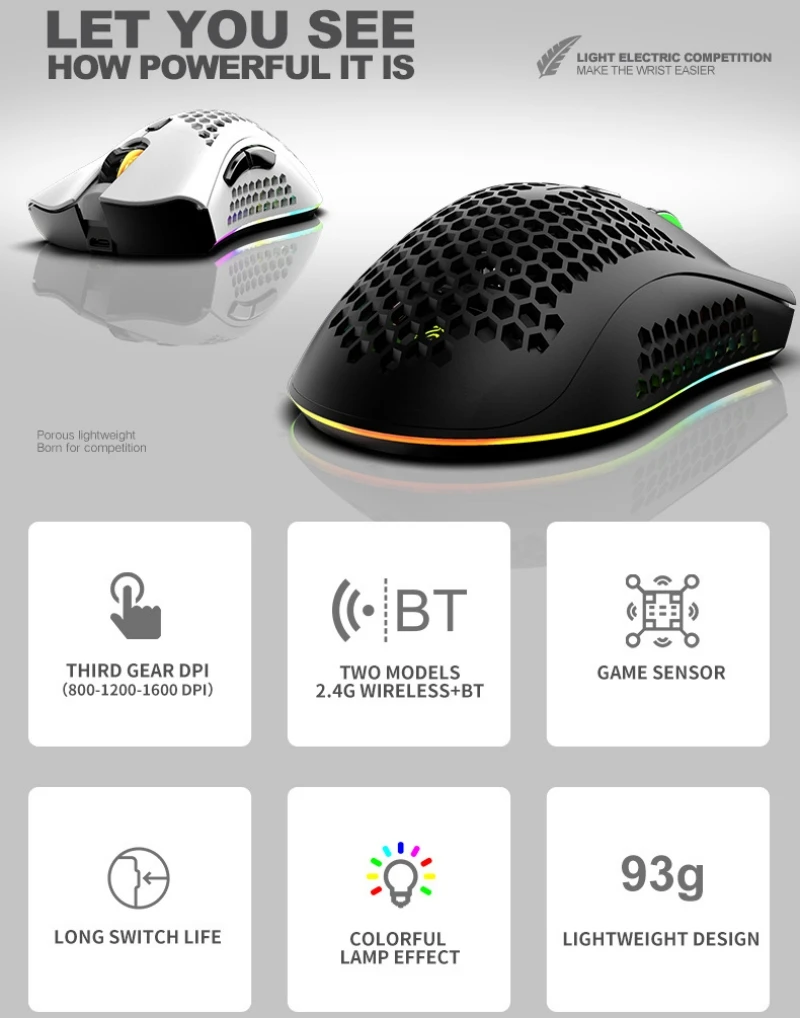 ماوس ألعاب لاسلكي احترافي خفيف الوزن ماوس ألعاب بلوتوث 2.4G USB 6 مفاتيح تصميم مريح RGB ضوء العسل BM600