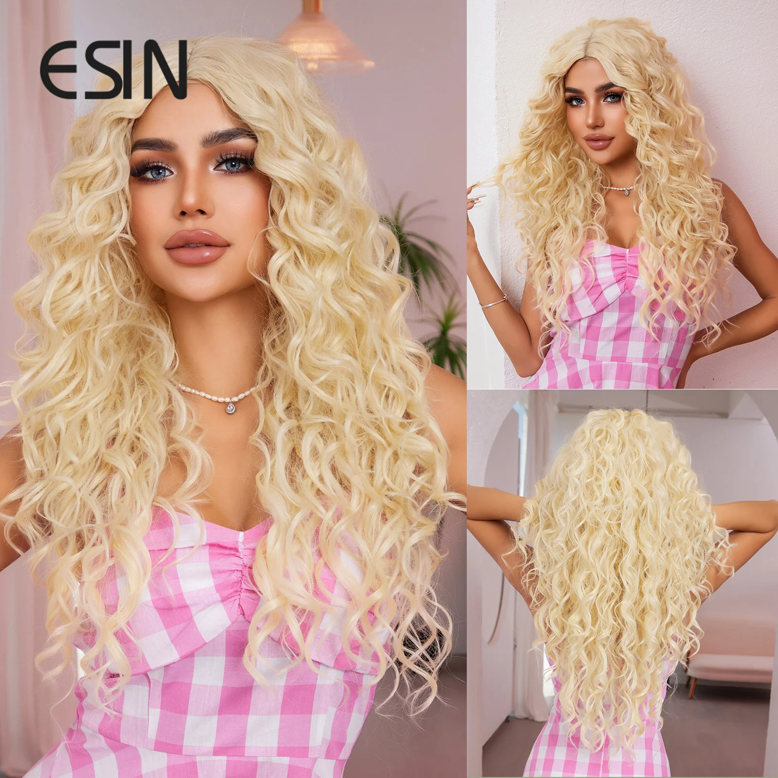 ESIN Synthetic Barbie Hair Wigs Long Water Wave Yellow Blonde Color Middle Part Wigs for Women Natural Party Heat Resistant