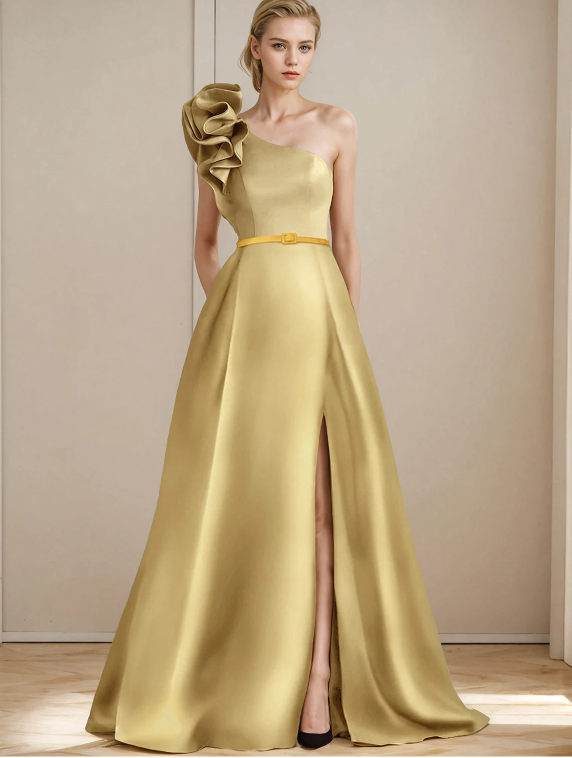 

A-Line Evening Gown Elegant Dress Formal Evening Floor Length One Shoulder Pocket Satin with Shouder Flower 2025 free customized