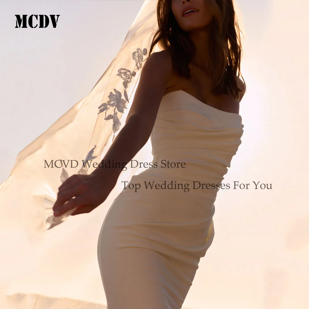 MCDV Strapless Mermaid Wedding Dress 2026 Simple Pleat Long Train Sleeveless Satin Reception Dress Button Back Customized