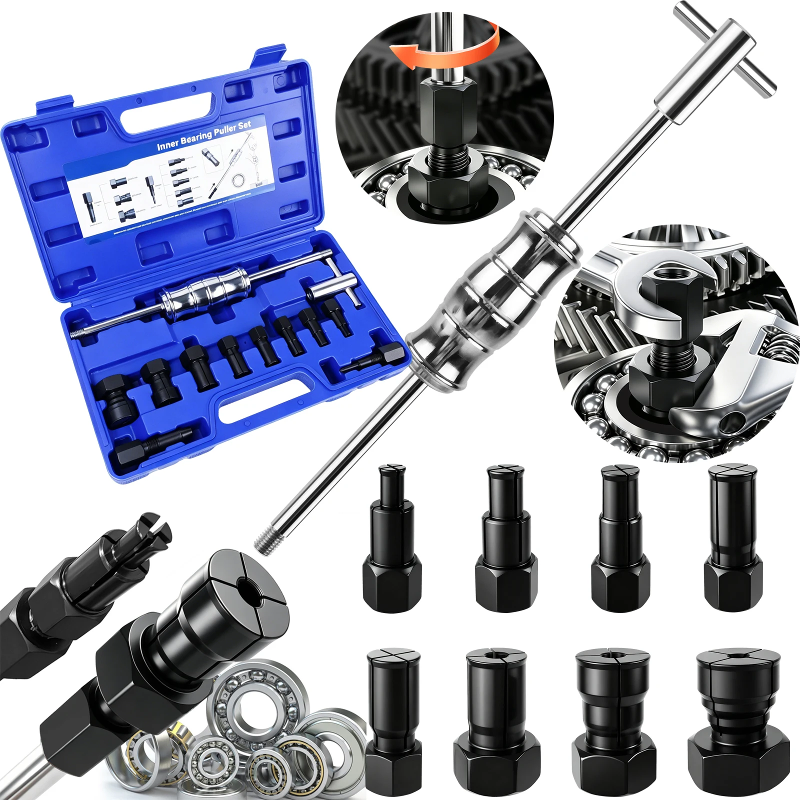 12-teiliges Blindloch-Innenlagerabzieher-Set mit Gleithammer und erweiterbaren Spannzangen – 8–32 mm Bereich, 40Cr-Stahl – für Auto, Motorrad, Motor