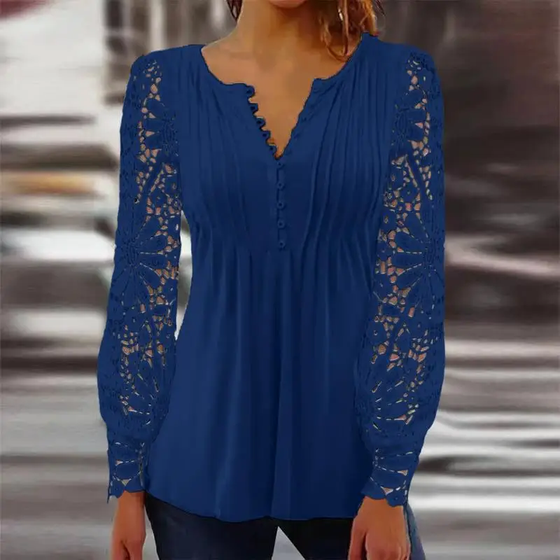 2024 Elegant Causal Blouses Sexy Fashion Soild V-neck Long Sleeve Women Shirts Lace Hollow Out Patchwork Design Office Lady Tops