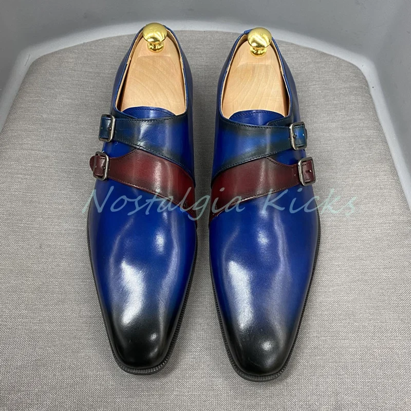 Luxury Blue Patent Leather Double Buckle Oxford Shoes Men's Monk Pointed Toe Dress Shoes Vintage Wear-Resistant Office Shoes