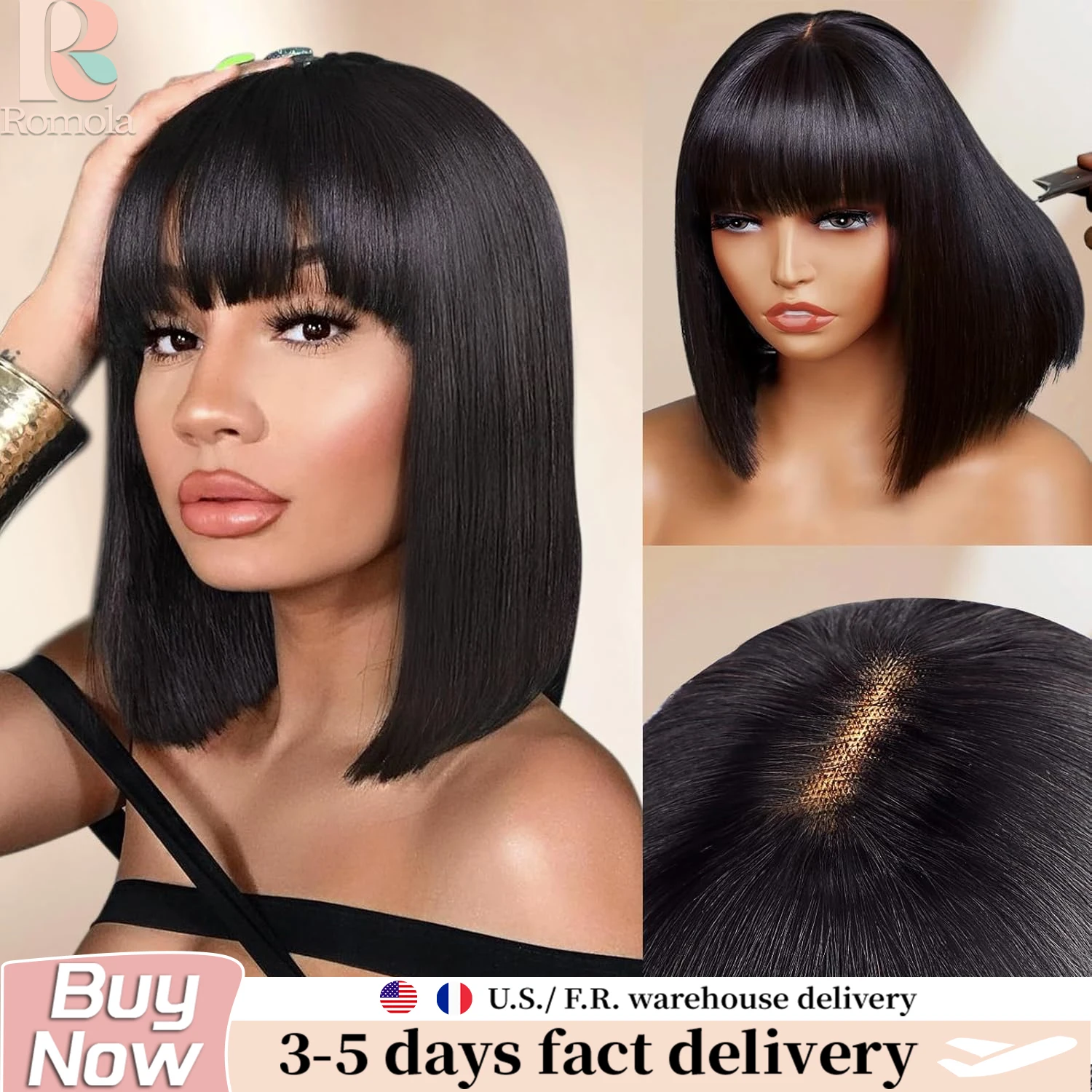 

Парик Romola Straight Bob с челкой, из натуральных волос, машинной работы, цвет 1B черный, короткая стрижка боб, мягкий, шелковистый, полная плотность, для начинающих.