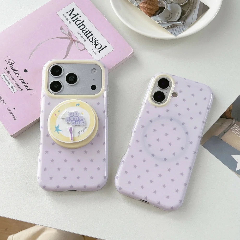 Korean Cute Stars Magnetic Phone Case for iPhone 17 16 15 16 Pro Max 17 Pro 15 Pro Cover With Magsafe Grape Stand Cute Cover