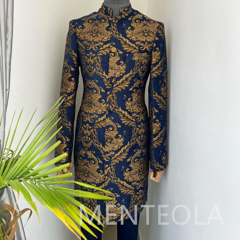 Traje largo de Jacquard para hombre, abrigo de cuello levantado, esmoquin de boda para novio, chaqueta Floral con pantalones, moda masculina