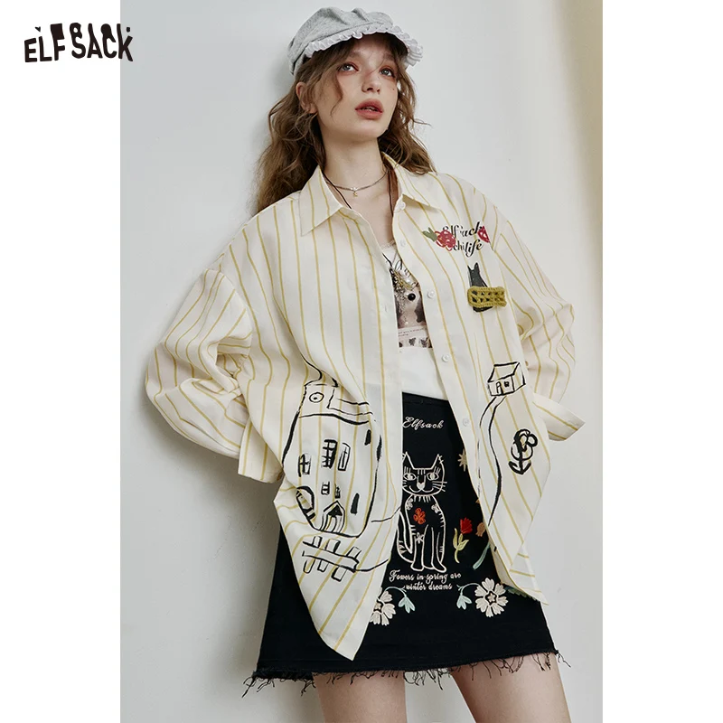ELFSACK 2025 Spring New Arrivals Retro cat embroidery raw edge black skirt for women