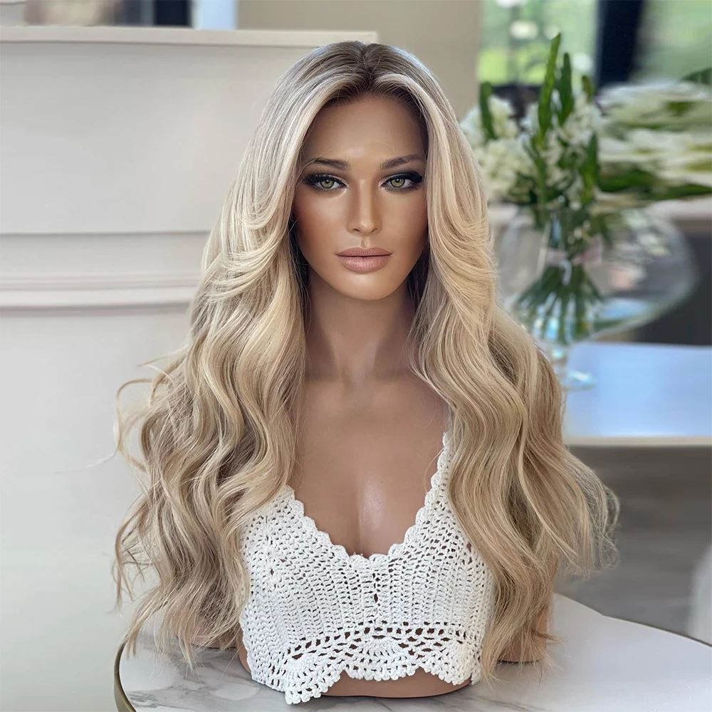 

Plucked 13x6 Lace Front Wig Ash Blonde Highlight Body Wave Wig with Dark Roots Transparent Hd Human Hair Full Lace Wigs 200%