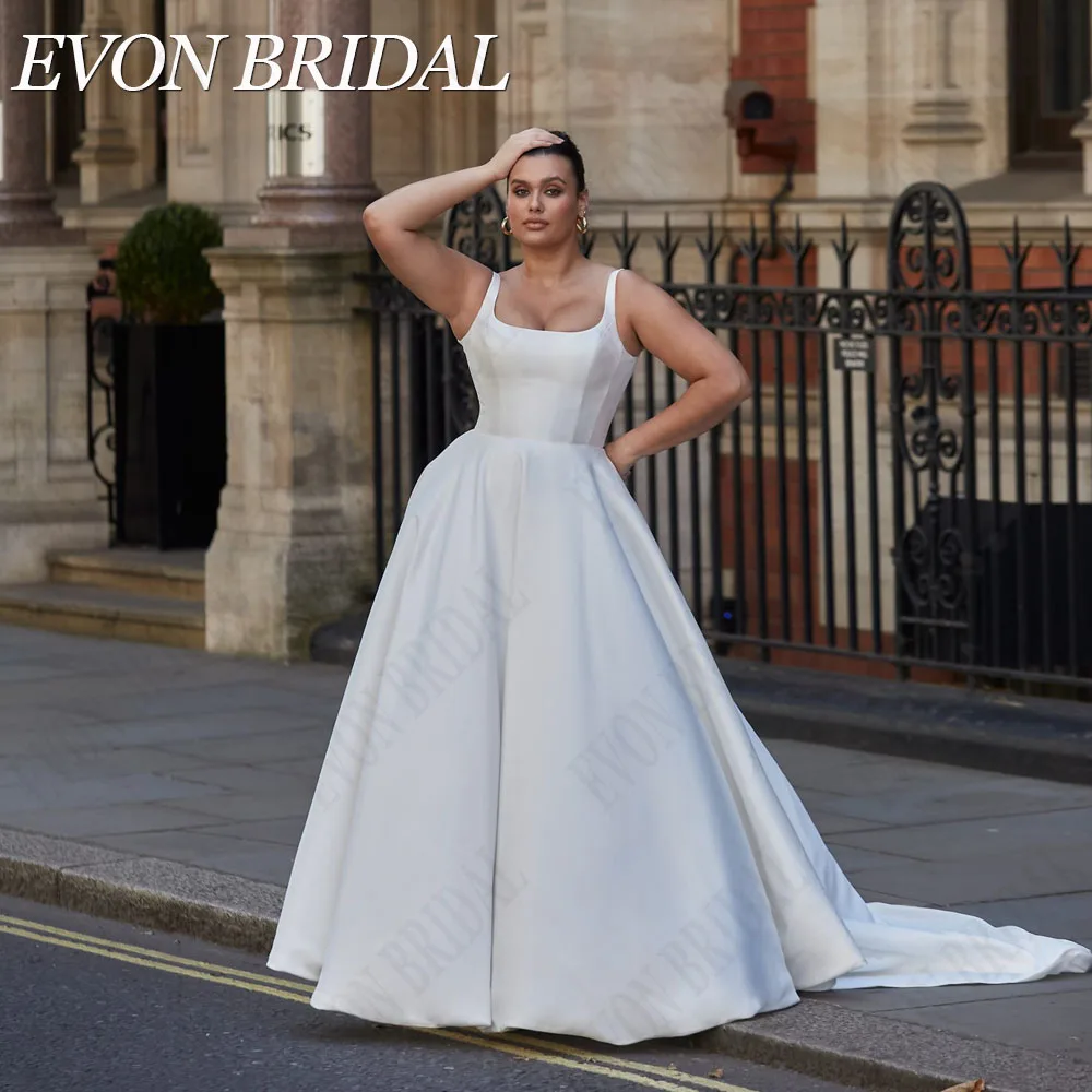 

EVON BRIDAL Classic Satin Wedding Dress Gown Square Collar Backless A-Line Satin Vestidos Novias Boda Bride Gowns Custom Made