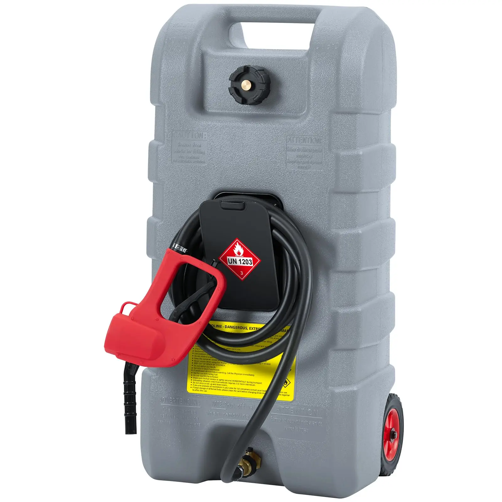 Réservoir de carburant portable de 57L avec roues, chariot de transport de carburant, réservoir de transfert d'essence en PEHD avec tuyau, poignée de pompe et valve d'arrêt, conteneur de carburant portable pour voitures, VTT, bateaux et générateurs.