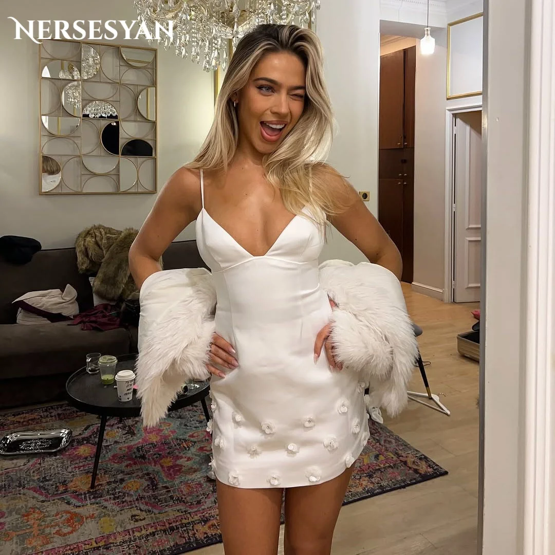 

Nersesyan Elegant Prom Dresses Spaghetti Straps 3D Flowers Satin Guest Mini Dress Bodycon Cocktail Party Gowns 2026 Customized