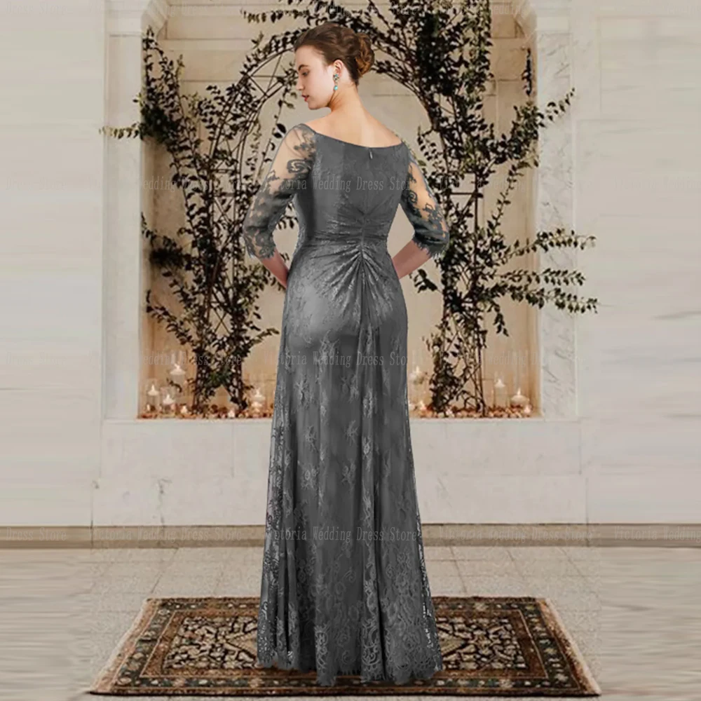 Elegant Lace Moeder Van De Bruid Jurken Hals 3/4 Mouwen Applicaties Kristallen Plooi A-lijn Vestidos Elegantes Para Mujer