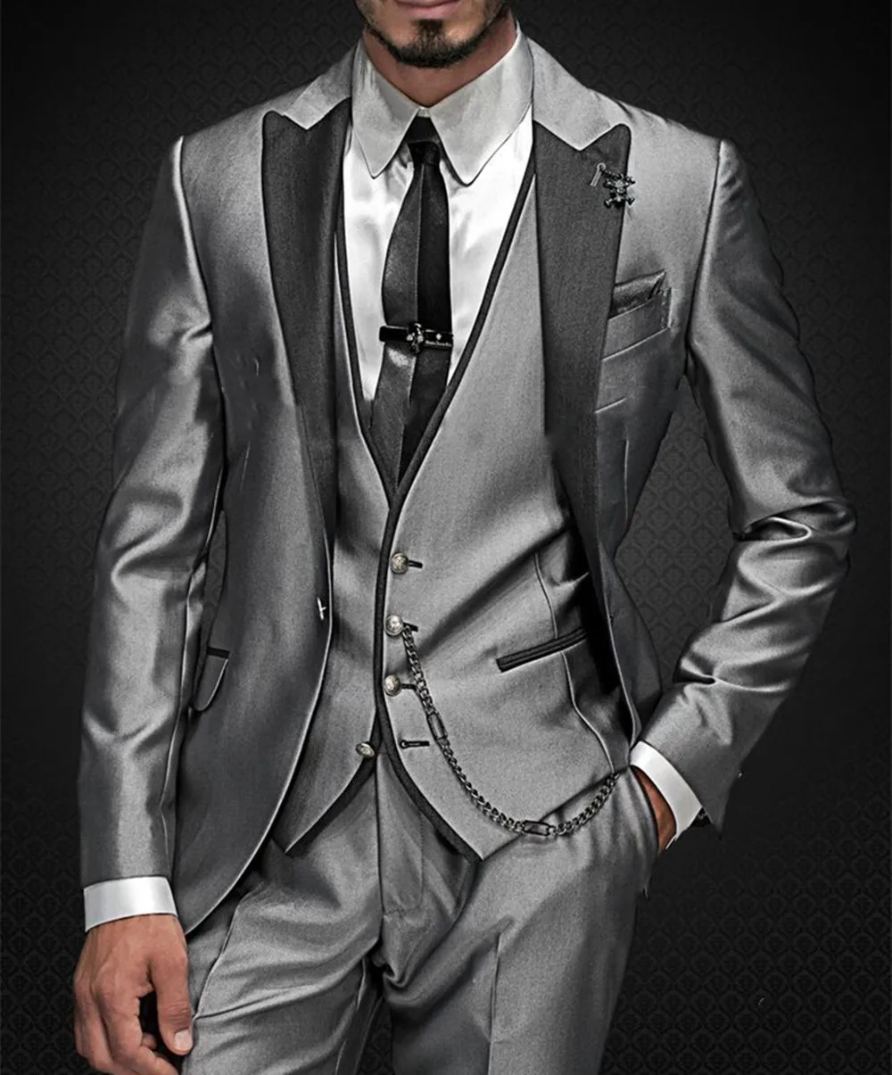 Brilhante cinza masculino ternos com bordados padrinhos noivo smoking casamento melhor blazer define 3 peças (jaqueta + calças + colete) traje homme