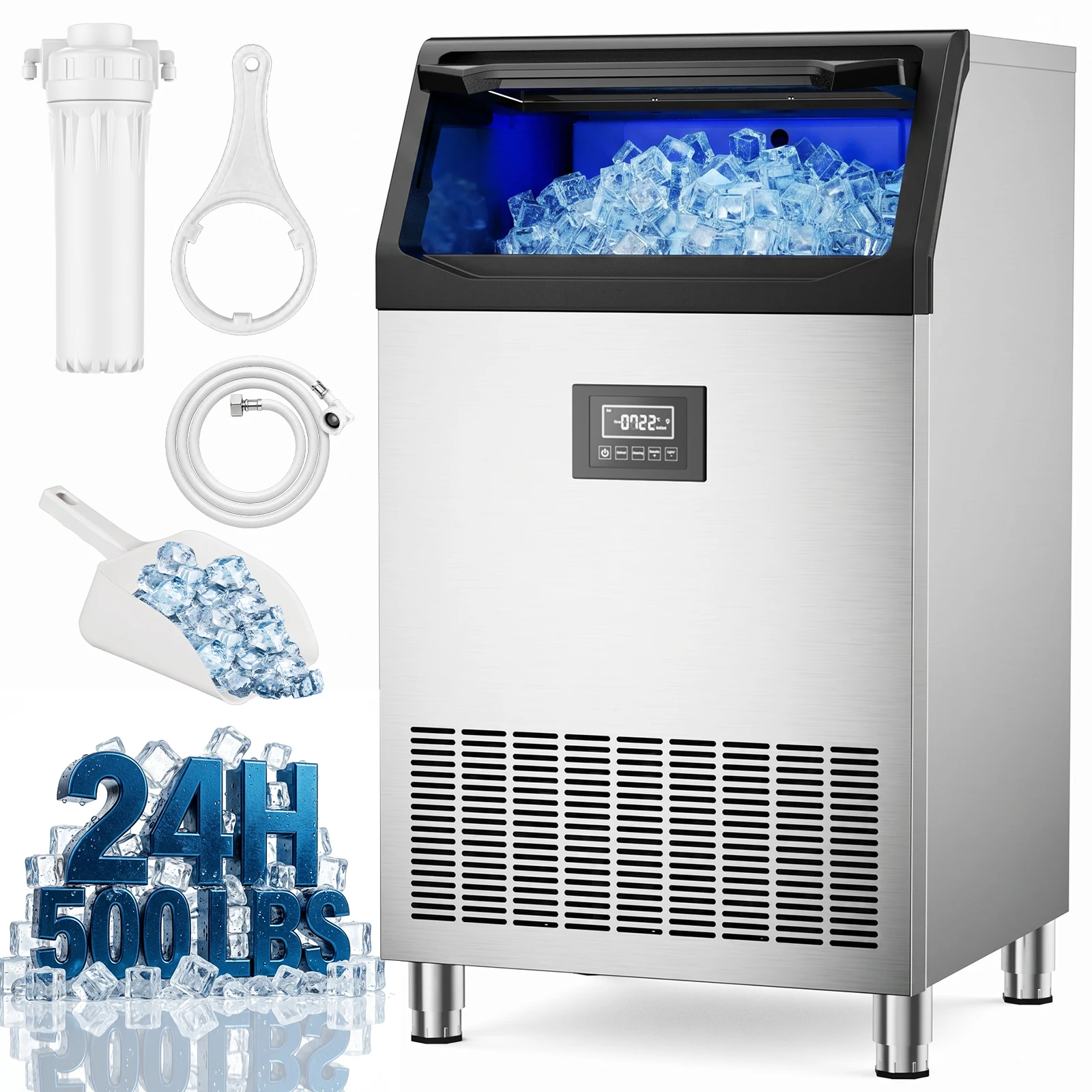 Commercial Ice Maker 500Lbs/24H, 125LBS Large Storage 162 Ice Cubes in 7-23min, Auto Cleaning & Timing Function, Under Counter/Freestanding, Cube Ice Maker for Bar Cafe Restaurant