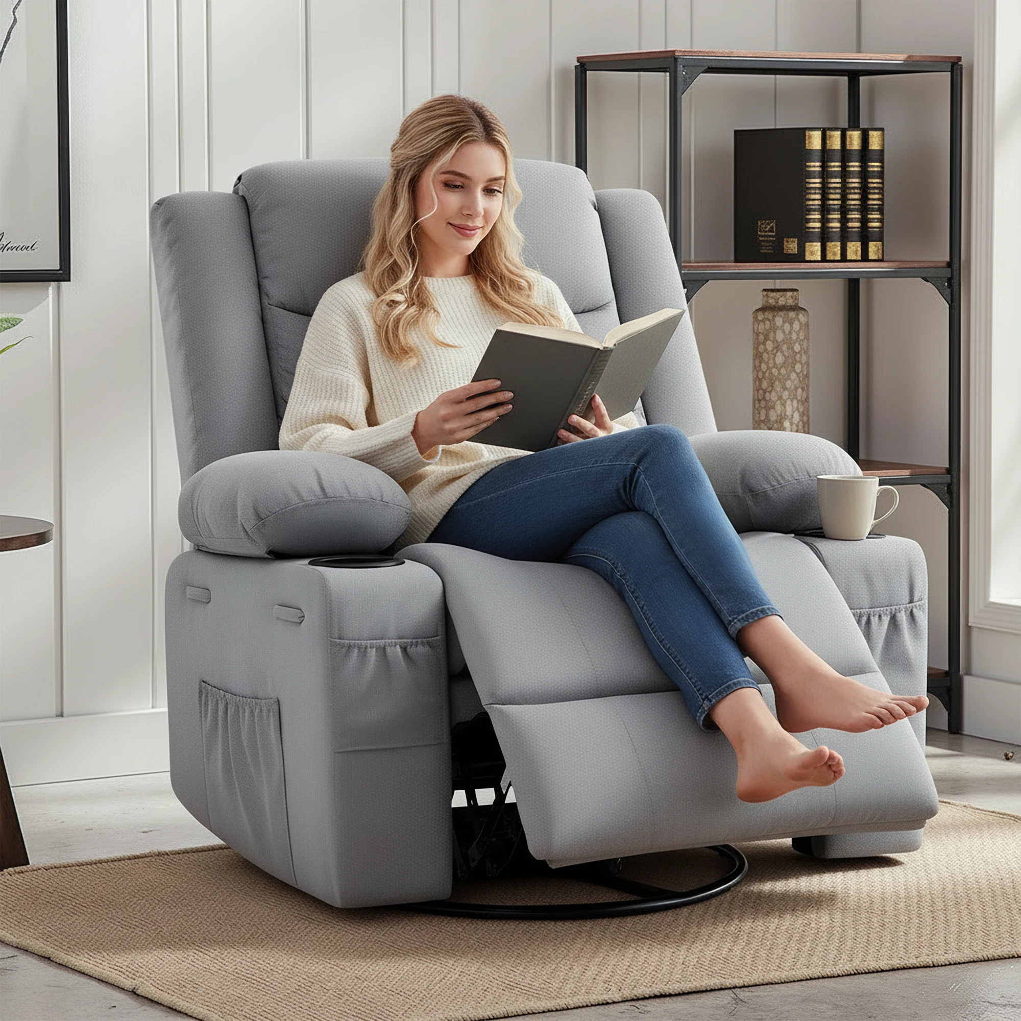 Manual Swivel Rocker Recliner Chair, 360° Swivel 30° Rocking Linen Fabric Recliner Sofa Chair with Cup Holders Side Pockets for Nursery Living Room